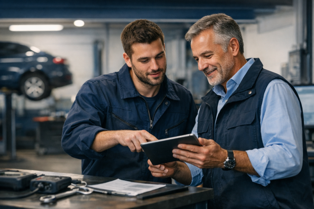 Gérant avec mécanicien qui chercher comment migrer vers un logiciel garage winmotor cloud