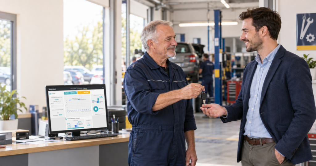 Gérant partant à la retraite transmettant les clés de son garage à un repreneur qui envisage de changer de logiciel.